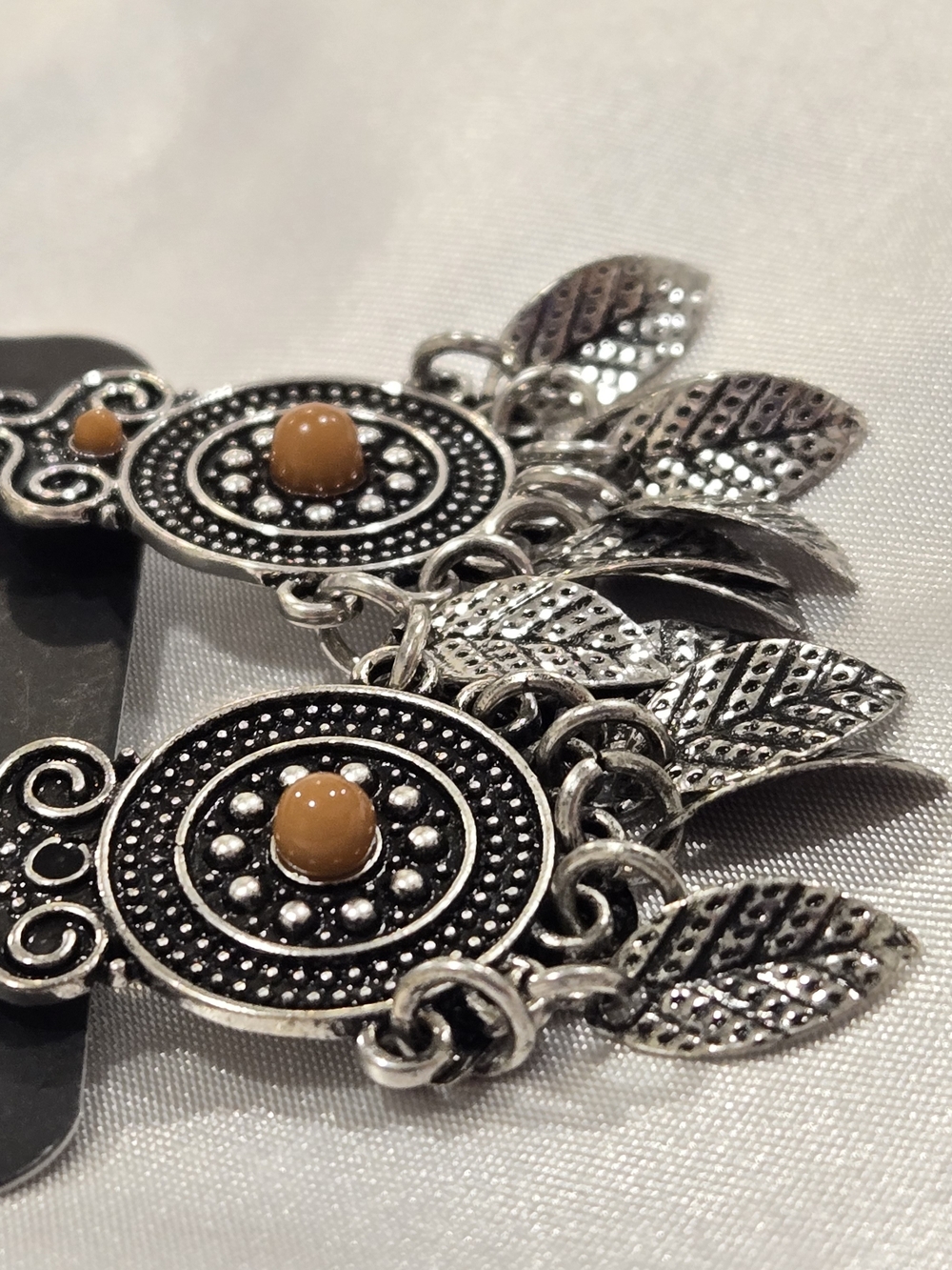 paparazzi Silver-Tone Bohemian Medallion Earrings with Brown Accents - Picture 2 of 3